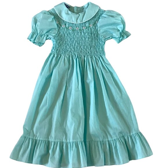 Polly Flinders Girls 7 Aqua Smocked Dress With Puff Sleeves & Ruffle Hem